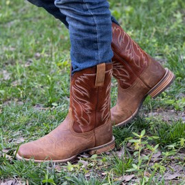 Palitutu Cowboy Boots for Men Square Toe Full Grain Leather Pull On Embroidered Western Boots Slip Resistant(PLT103611-12D-Brown)