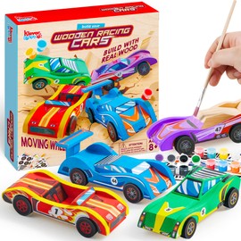 Klever Kits 4 DIY Wooden Race Cars-Build & Paint Your Own Wood Craft Kit, 4 Race Cars Toy, Easy to Assemble Arts Crafts Kit, Birthday Party Presents for Kids Boys and Girls