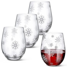 Sliner 4 Pcs Christmas Wine Glasses Set 17oz Stemless Wine Glasses Christmas Party Decoration Wine Glasses Set Christmas Holiday Gift Party Supplies, Hand Wash Only(Snowflake)