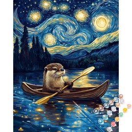 ARNLRDYA Otter Paddling in a Boat Paint by Numbers Kit, Starry Sky Paint by Number for Adults, Animals Cute Acrylic Painting for Home Decor(16×20inch, No Frame)