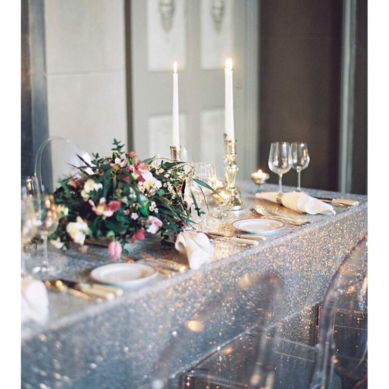 B-COOL 90x156 Inch Rectangle Sequin Tablecloth Silver Seamless Table Linens