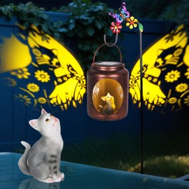 Solar Laterns Outdoor Waterproof Metal Cat Patterns with Resin Cat Inside Garden Decor Gifts for Women Mom Grandma Hanging Solar Lights Decoration Outside for Yard, Patio, Backyard, Porch
