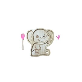Baby & Toddler Bamboo Suction Plate Set for Feeding and Weaning - Pink Baby Elephant Design by Bamboo Gift Co (Fork & Spoon incl)