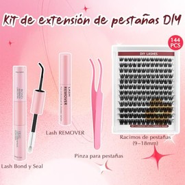 SASHA Kit de Pestañas Postizas DIY, 144 Pestañas Individuales Racimos, con Longitud de 9-18mm, Curvatura Tipo D, Grosor de 0.07mm，Incluye 4 en 1 Herra