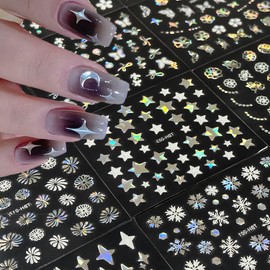 30 Sheets Aurora Nail Art Stickers 3D Self-Adhesive Flower Nail Stickers for Nail Art Aurora Star Nail Art Stickers Line Nail Decals Heart Design Nail Decals for Nail Art for Women