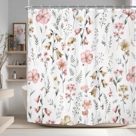 Riyidecor Coral Pink Floral Shower Curtain 72Wx72H Inch Cute Flower Watercolor Wildflower Botanical Modern Leaves Plants Women Bathroom Decor Fabric Polyester Waterproof 12 Pack Hooks