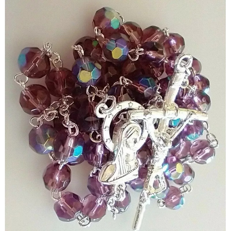 Catholic AB Purple Color Iridescent Glass Rosary Silver Tone Crucifix