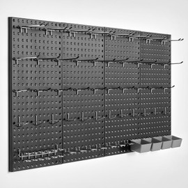 Happybuy Metal Pegboard Panels, 24" x 12", 4 Panels. Heavy-Duty Peg Board Wall Organizer with Accessories. Ideal for Storage in Living Room, Garage, Office, Craft Room, Kitchen and Home. Black