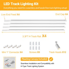 VANoopee 12 Light GU10 LED Track Lighting Kit with 13FT H Type Track Lighting Rail & Floating Canopy Connector, Modern Kitchen Track Lighting Fixtures Ceiling Spot Light, Track Heads White (No Bulbs)