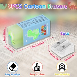 9pcs Plastic Rubber Erasers, Cute Fruit Eraser, Cube Dinosaur Erasers, Pastel School Rubbers, Rectangle Rubber Eraser with 2 Pencil Sharpeners for Students, Artists