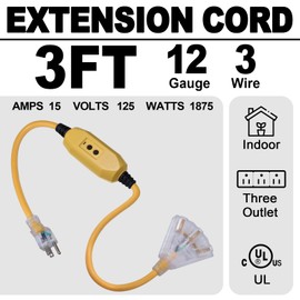 GREATIDE 3 Ft GFCI Lighted Appliance Extension Cord with 3 Power Outlets, 15 Amp 12/3 SJTW Heavy Duty Yellow Pigtail Extension Cable with 3 Prong Grounded Plug for Safety, UL Listed