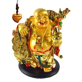 Betterdecor 5.5" Feng Shui Golden Laughing Happy Buddha Statue Holding Ingot Home Office Decor