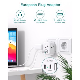 3 Pack European Travel Plug Adapter, Addtam US to Europe Plug Adapter with 3 Outlets 3 USB Charger (2 USB C Port), Type C Power Adaptor to Italy Spain France Portugal Iceland
