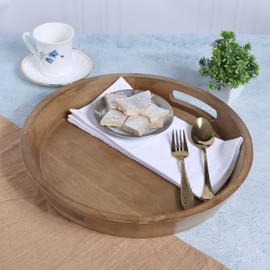 Mango Wood Serving Tray Handmade Metal Fruit Bowl Decorative Vanity Platter Tray, Kitchen Bathroom Counter Storage Counter Organizer, 13.75 Inch - Coffee Wood