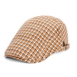 IDASHPO Adjustable Plaid Newsboy Flat Cap - Ivy Gatsby Cabbie Driving & Golf Hat,Beret Style for Men Women (Khaki)