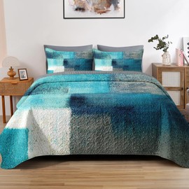 Pamnest Quilt Set Twin Size, Turquoise Grey Painting 2 Pcs Soft Bed Cover Bedding Set for Kids and Adults, Teal Contemporary Gray Lightweight Bedspread Coverlet with Pillow Sham for All Season