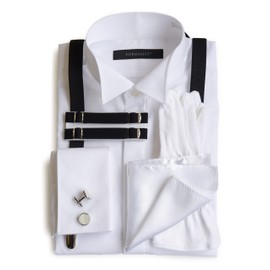 Tuxedo Station Wing Collar Shirt Accessory Set of 6 (Double Cuffs), Square (White Plain), Cufflinks, White, Suspenders, Armband, Gloves 4, white