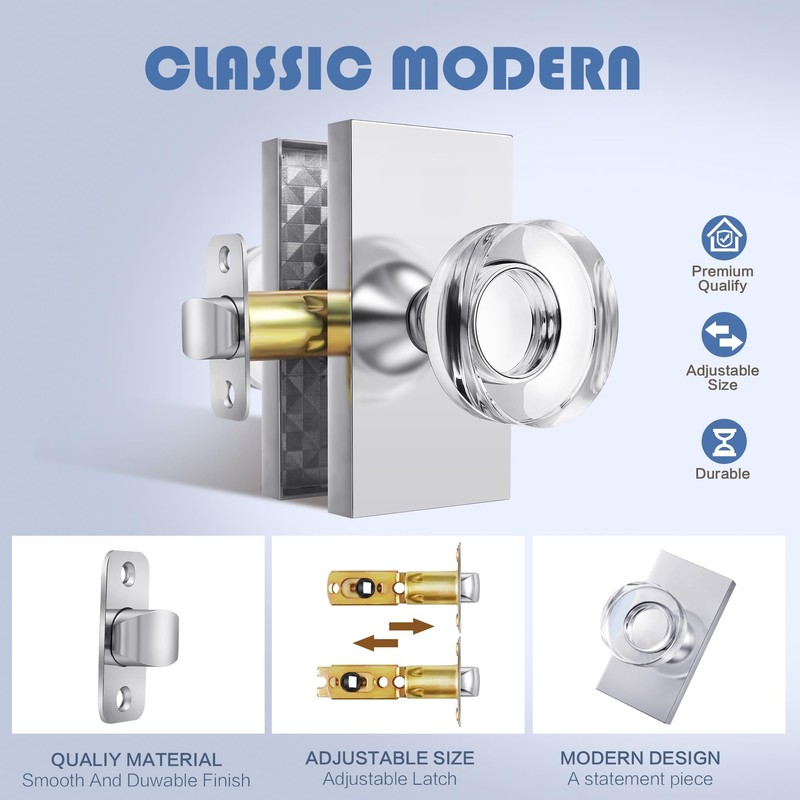 Newlaking Crystal Glass Passage Door Knob - Polished Chrome Interior