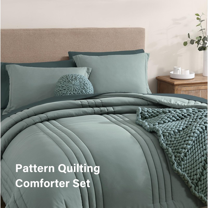 Monbix Queen Comforter Set - 7 Pieces Sage Green Bed