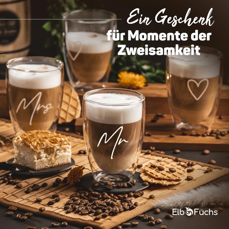 ElbFuchs Double-Walled Latte Macchiato Glasses Mr & Mrs 2 x