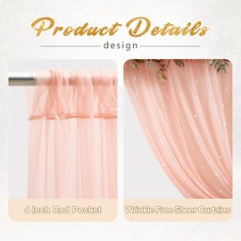 30x10ft Peach Tulle Backdrop Curtain with Lights String for Parites, Sheer Photo Backdrop Curtains with Lights for Wedding Backdrop Ceremony Reception Bridal Shower Baby Shower Birthday Party