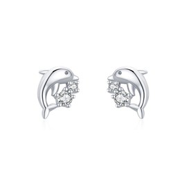 CZ Tiny Dolphin Stud Earrings 925 Sterling Silver for Women Girls Cute Ocean Sea Animal Crystal Small Sleeper Cartilage Earring Tragus Studs Post Dainty Jewelry for Women Girls Hypoallergenic