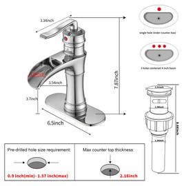 Chrome Bathroom Faucet Waterfall GGStudy Single Handle One Hole Farmhouse Bathroom Vanity Faucet Basin Mixter Tap Deck Mount with Drain Assembly