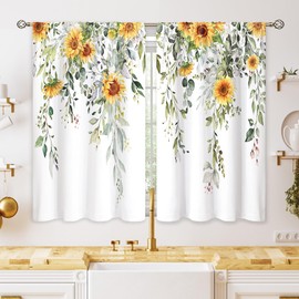 oolygoo Eucalyptus Botanical Leaves Yellow Sunflower Floral Kitchen Window Curtains Flower Plant Small Window Treatment Sage Green Cafe Short Curtains for Bathroom Treatment Tier Drapes 27.9x39 inch