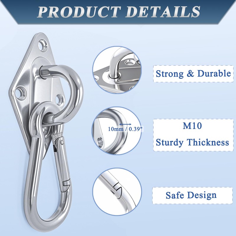 OHIYO 2PCS M10 Stainless Steel Pad Eye Hooks+2PCS 10MM Snap