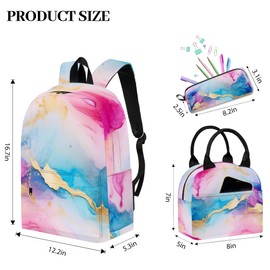 Okentiso 3PCS Girls Pink Marble Backpack, Bookbag for Kids Girls with Lunch Box, 17 Inch Marble Teens School Bag Set, Laptop Backpack for Women School/Daypack