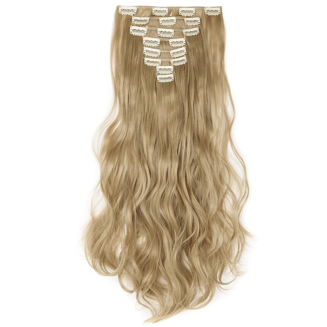 Clip in Hair Extensions 8 PCS 18 Clips 145G Thick Straight Curly Full Head Real Natural Synthetic Fibre Hairpiece 60 colors for Women Lady Girls(24 inch,ash blonde-curly)