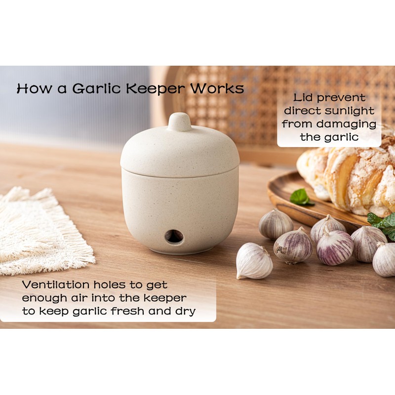 Ceramic Garlic Keeper,Garlic Storage with Lid,Garlic Holder,Beige,Small