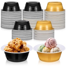 Baderke 50pcs 23oz Disposable Plastic Bowls New Year Large Disposable Party Cup Bowls for Snacks, Salads and Desserts for Birthday, Christmas Holiday Event,Gold and Black