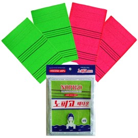 NOPIGO Premium Large Size Korean Exfoliating Mitt - 4Pcs /Korean Italy Towel Bath Washcloth/Shower Loofah Bath Sponges/Body Exfoliating Washcloth for Removing.(Long green2+red2)