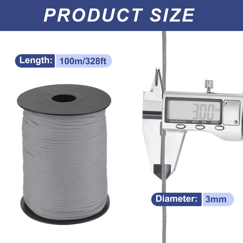 sourcing map 3mm Polypropylene Rope Braided Ropes, 100m Nylon Rope