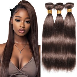 Dokksiiia 20/22/24 Inch Color 4 Chocolate Brown Human Hair Bundles #4 Dark Brown Straight Human Hair Bundles Double Weft Brazilian Human Hair Extensions Silky and Soft for Black Women