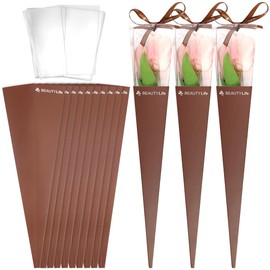 10Pcs Single Roses Flower Gift Box Cone Flower Bouquet Wrapping Paper Single Rose Packaging Gift Box for Valentines Day Wedding Birthday Gift Without Flower (Coffee)