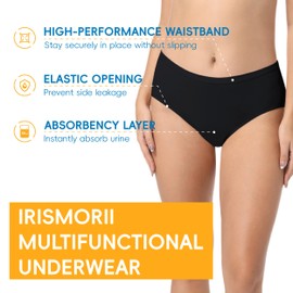 IRISMORII Adult Womens Incontinence Postpartum Protective Underwear Washable Bladder Leak Proof Absorbent Panties 3 Pack (Black-Skin-Brown, L)