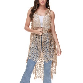 Anna-Kaci Boho Crochet Long Vest Top for Women Sleeveless Lace Cardigan Kimono Swimwear Cover Ups,One Size,Brown