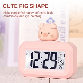 Cartoon Digital Alarm Clock, Kawaii Alarm Clock for Girls Boys Bedroom LED Display Alarm Clock for Bedside with Data Time Calendar Temperature Desktop Clock for Adult Kid(Pink)