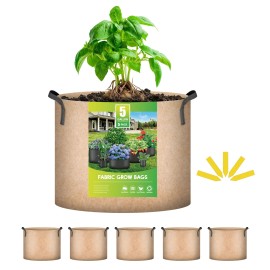 iPower 5-Pack 5 Gallon Plant Grow Bags Thickened Nonwoven Fabric Pots for Garden Tan