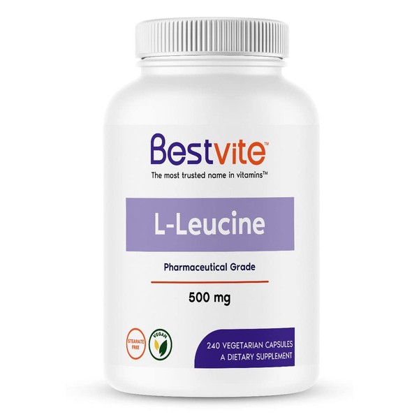 BESTVITE L-Leucine 500mg per Capsule (240 Vegetarian Capsules) - No Stearates - No Fillers - No Flow Agents - Vegan - Non GMO - Gluten Free
