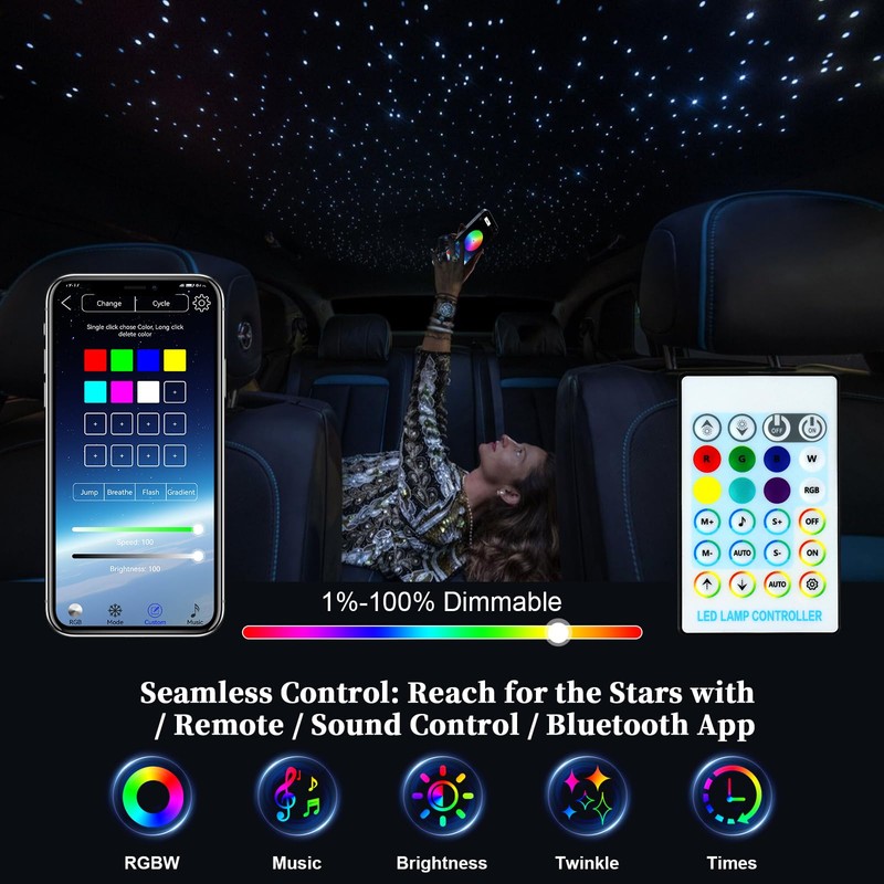 Twinkle & Meteor Starlight Headliner Kit for Car 0.03in x