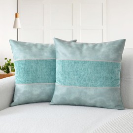 CaliTime Throw Pillow Covers Pack of 2 Soft Faux Leather Solid Dyed Chenille Cushion Cases for Couch Sofa Home Decoration 18 X 18 Inches Smoke Blue