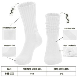 AugRing Women's Scrunch Crew Socks Retro 3-Pack Solid Cotton Boot Calf Socks Chunky Ribbed Cozy Slouchy Socks Size 5-11 (US, Alpha, One Size, Regular, Regular, White/White/Black)