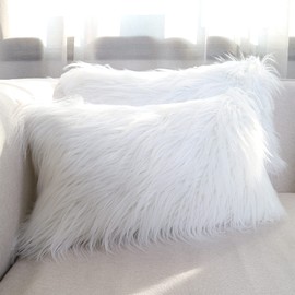 Hodeco Faux Fur Throw Pillow Covers 12x20 Inch Home Decor Luxury Long Fur Mongolian Soft Square Cushion Cover 100% Polyester Floor Pillowcase for Couch 30x50cm, Bright White, 2 Pieces