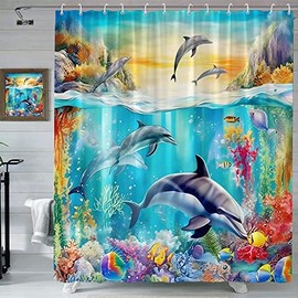 Undersea World Shower Curtain Fantasy Blue Ocean Underwater Jump Dolphins Tropical Fishes Coral Marine Life Hawaii Island Summer Beach Coastal Seacape Bathroom Polyester Fabric Curtain with Hooks