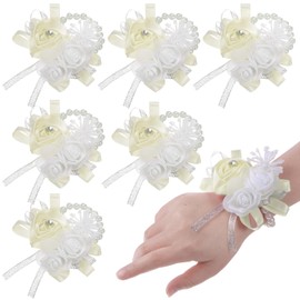 M METERXITY 6-Pack Corsage Wristlet Bracelet, Elastic Pearl Wrist Corsage Bands Wristlets, Bridal Wrist Flower Hand Flower Decor for Wedding Bride Handmade Corsage [Cream White]
