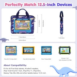 MoKo 10-12.5 Inch Kids Tablet Sleeve Carrying Case for Fire HD 10 13th/11th Gen, Fire HD 8/7 Kids 2022, Tablet Bag with Shoulder Strap for 10/10.1 Inch Android 12/13, Blue Dinosaur