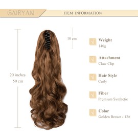 Gairyan 50 cm Ponytail Hairpiece Braid Extensions Long Curly Claw Clip-In Ponytail Extensions Synthetic Hair Extensions Wavy Hairpiece Hair Extension for Women (Golden Brown)